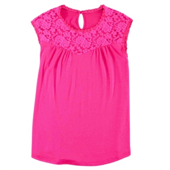 H&M Blouse Neon Lace Cap Sleeve Curved Hem Shift Straight Fit SZ 8/MED PINK NEW! - Picture 15 of 16